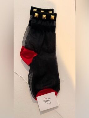 Christian Louboutin Sheer Black Ankle Socks with Red Heel and Toe and Gold Studs